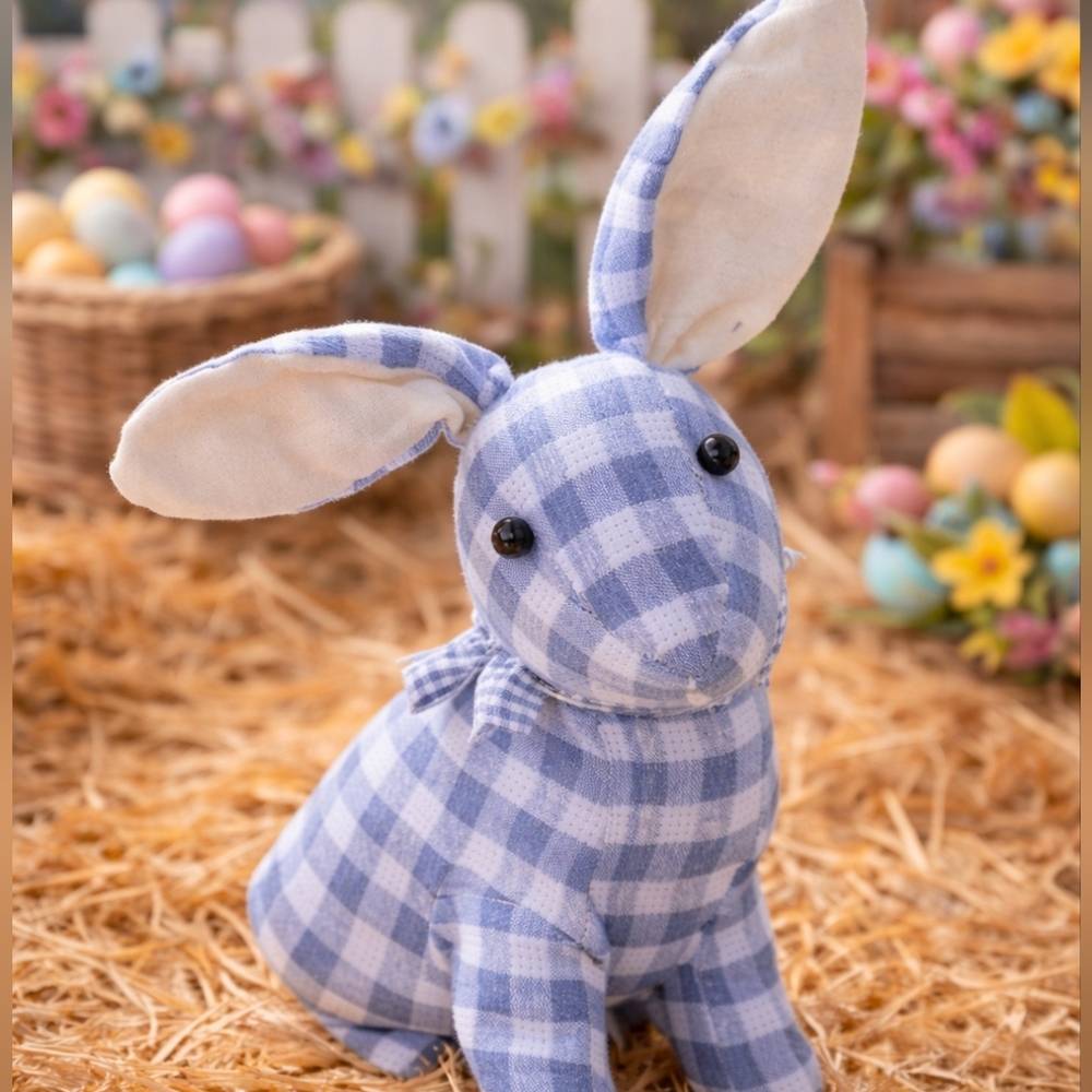 Country Farmhouse Blue Gingham Bunny – Weighted Bottom, Poseable Ears – NWT